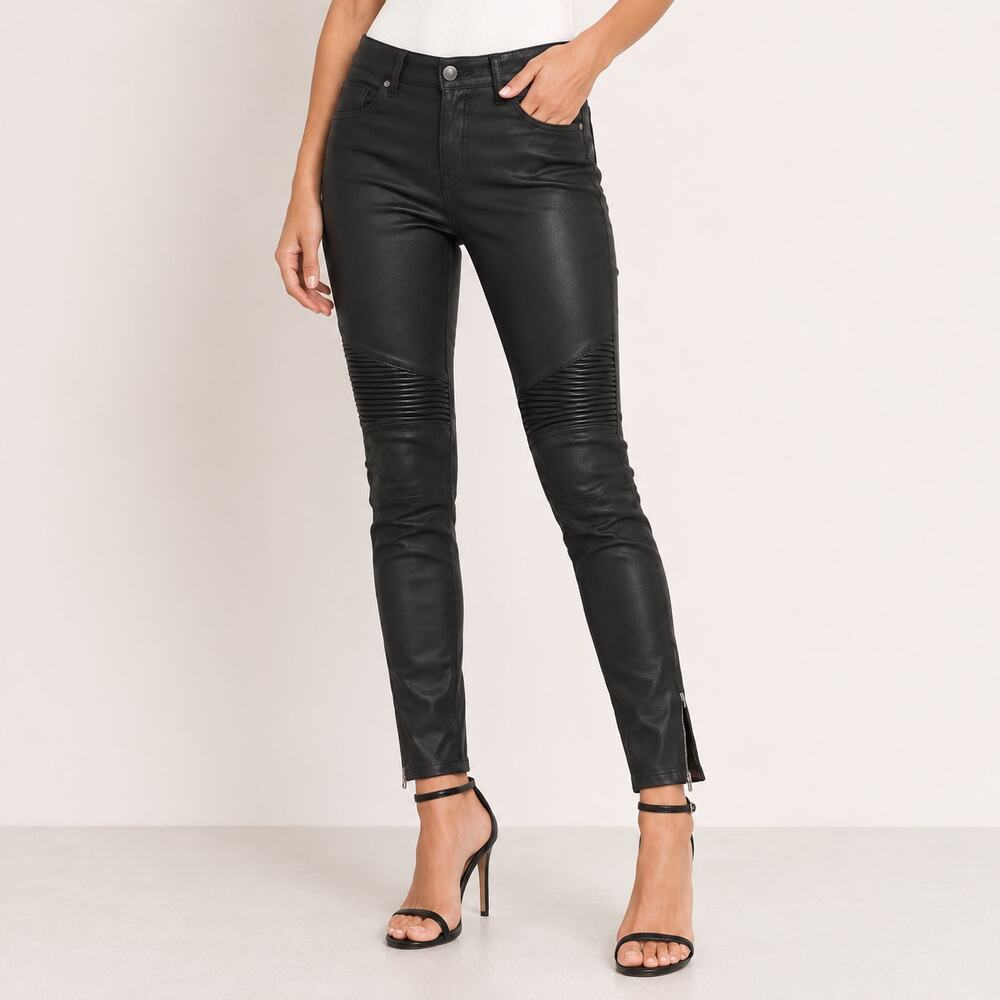 New York & Company Black Coated Moto Skinny Ankle Jeans 12 Zip Hem Indie Sleaze